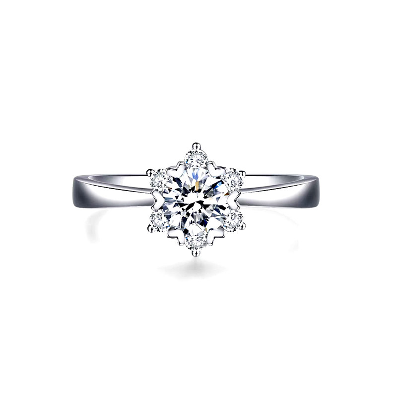 Snowflake Accents Head Round Cut Diamond Ring With Reverse Tapered Flat Shank