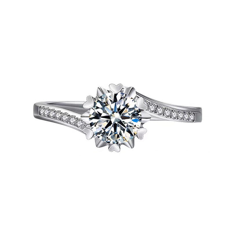 Snowflake Inspired Solitaire Heart Shaped Prong Lab Diamond Ring Symmetrical Shoulder