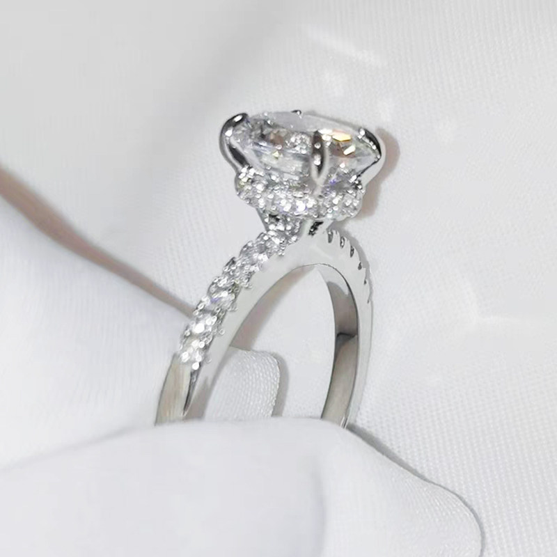 4 Prong Low Profile Hidden Halo Engagement Ring With Half Eternity Thin Shank
