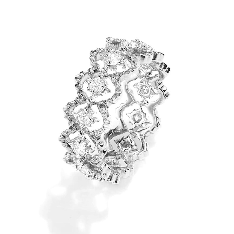 Lace Floral Openwork Multi Round Man Made Diamond Wide Band Ring in White Gold in blank background