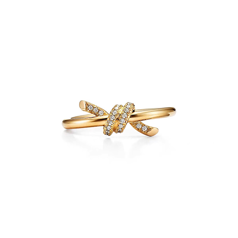Double Loop Pave Ribbon Shank Ring In 18K Yellow Gold