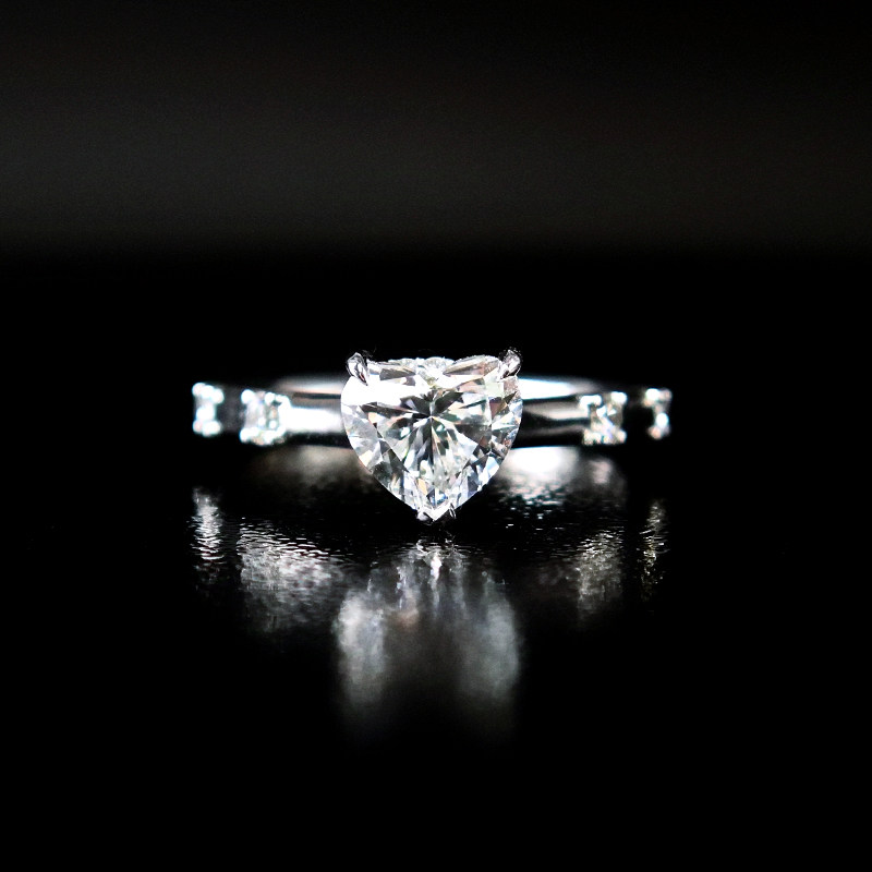 Heart Shaped Solitaire Cultivated Diamond Ring With Accents on Both Cathedral Shank