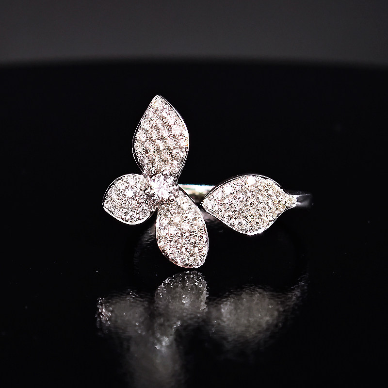 Floral Asymmetrical Four-petal Full Pave Lab Diamond Open Cuff Ring front view
