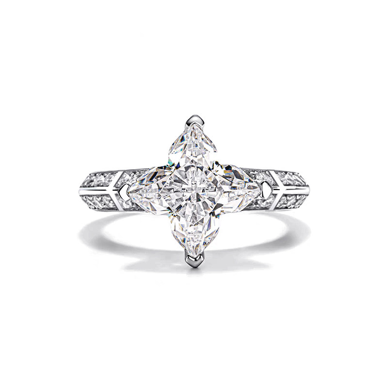 Art Deco Four-Point Star Cut Solitaire Lab Diamond Geometric Half Pave Shank Ring
