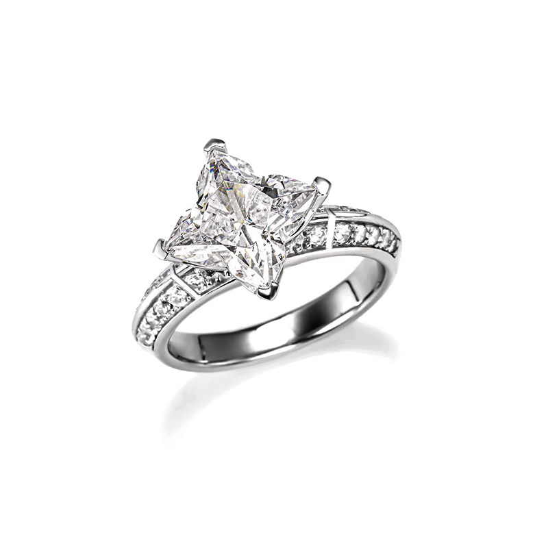 Art Deco Four-Point Star Cut Solitaire Lab Diamond Geometric Half Pave Shank Ring white background image