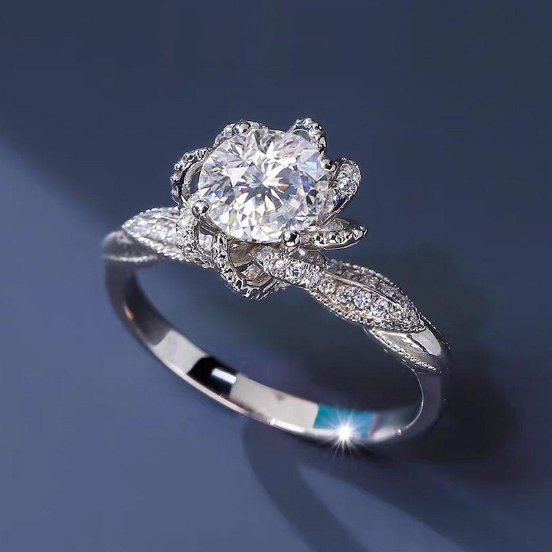 Hollow Floral Motif Head 4 Prong Solitaire Lab Diamond Ring With Leaf Shape Pave Shoulder details