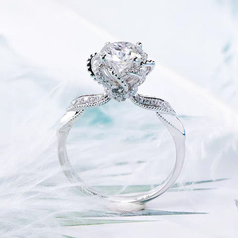 Hollow Floral Motif Head 4 Prong Solitaire Lab Diamond Ring With Leaf Shape Pave Shoulder side view