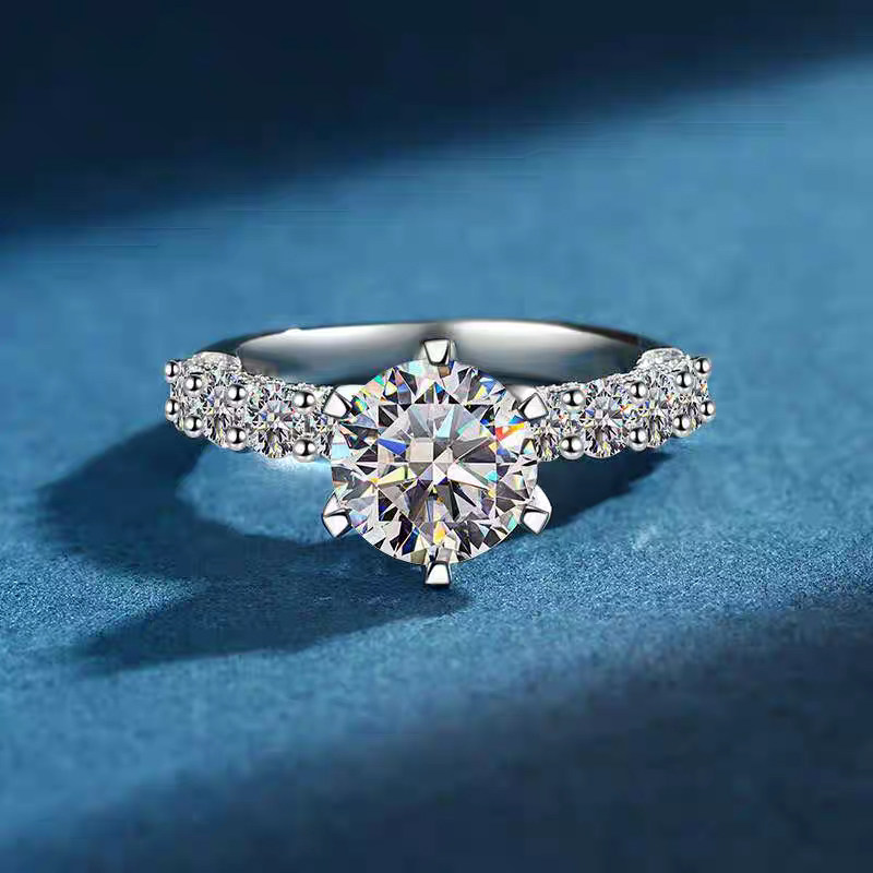 6 Prong Solitaire Round Cut Diamond Ring With 3 Sides Pave Shoulder Band