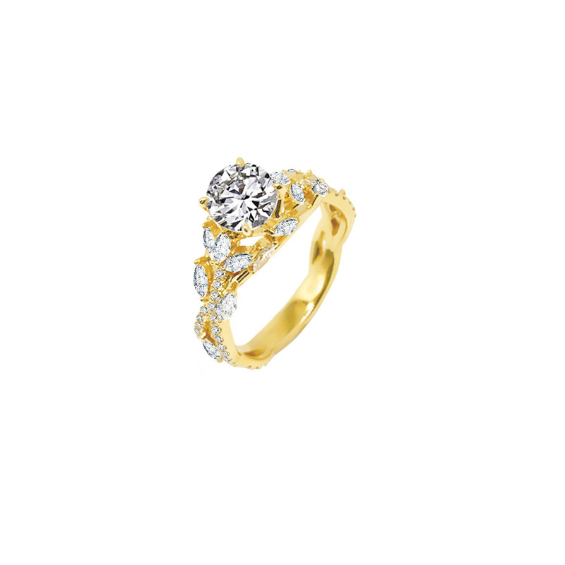 Brilliant Round Cut Lab Diamond Ring With Intertwined Accents Shank in yellow gold