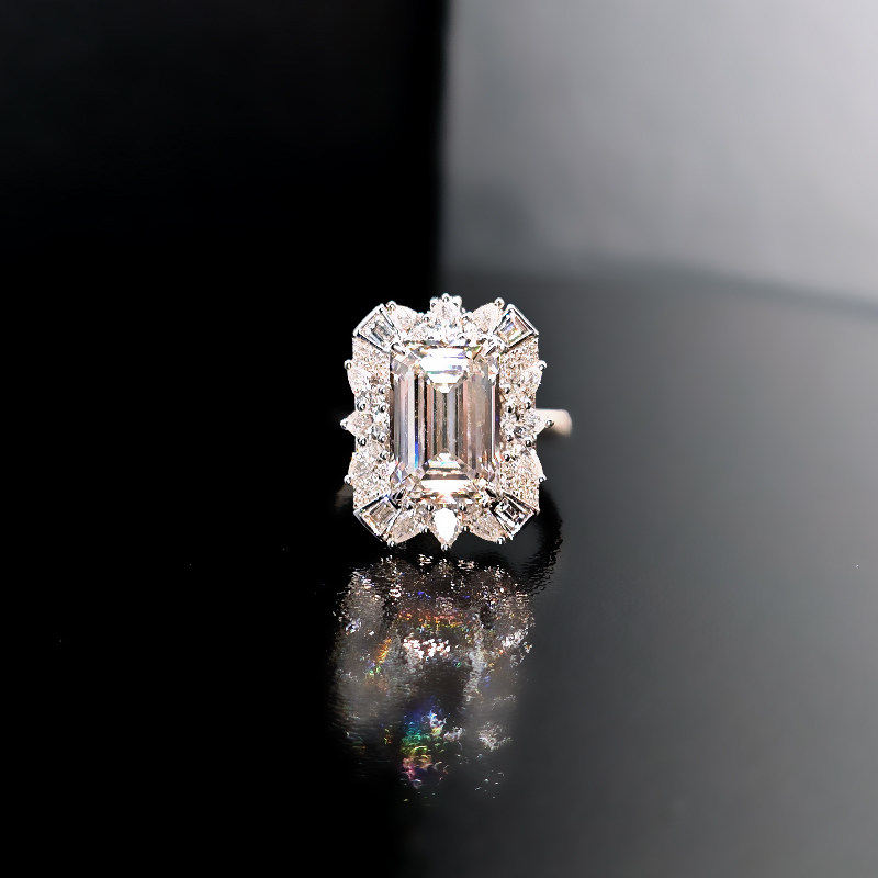 Art Deco Luminous Emerald Cut Halo Diamond Ring With Plain Band