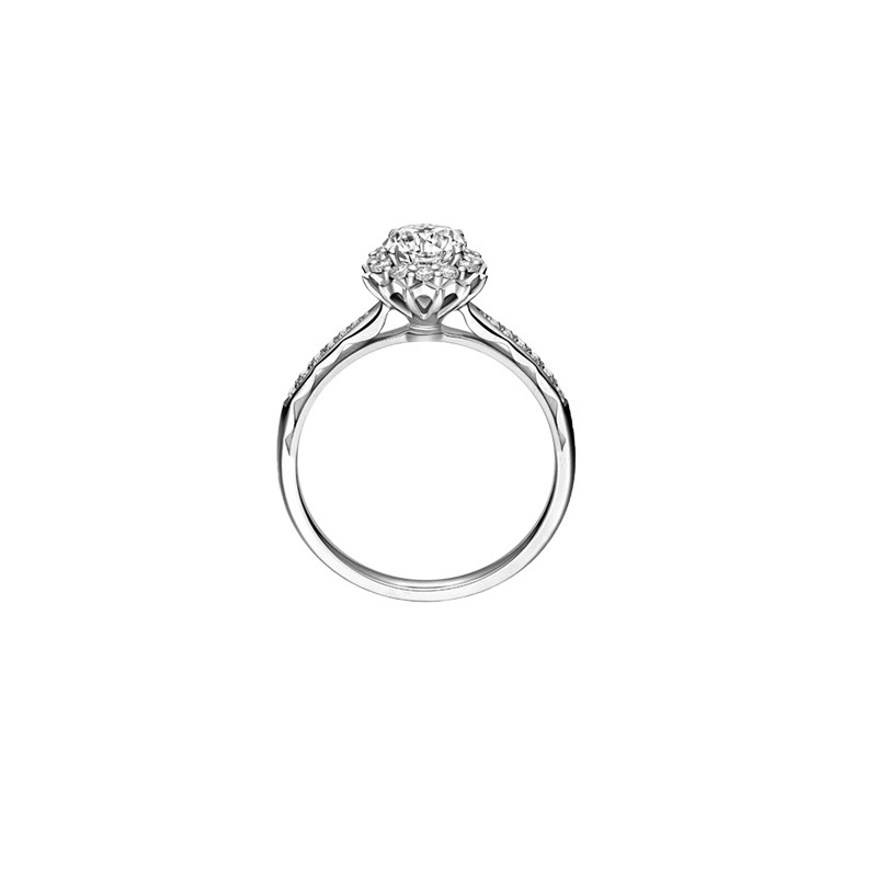 Single Round Staggered Halo Diamond Ring With Open Bud Gallery & Half Pave Shoulder