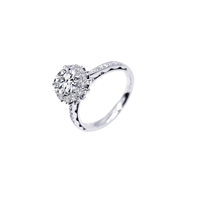Single Round Staggered Halo Diamond Ring With Open Bud Gallery & Half Pave Shoulder blank background img