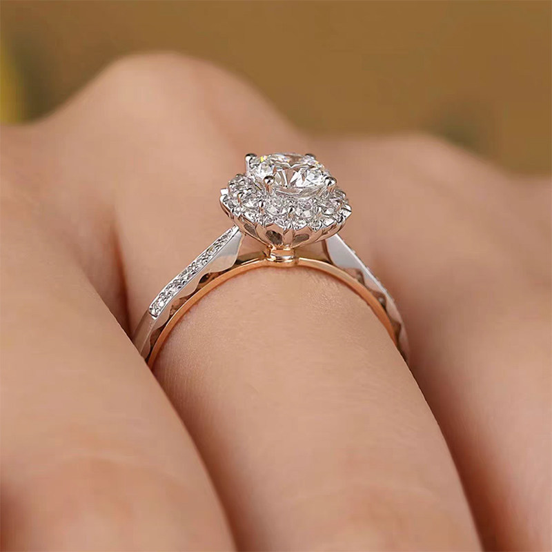 Single Round Staggered Halo Diamond Ring With Open Bud Gallery & Half Pave Shoulder wearing effect