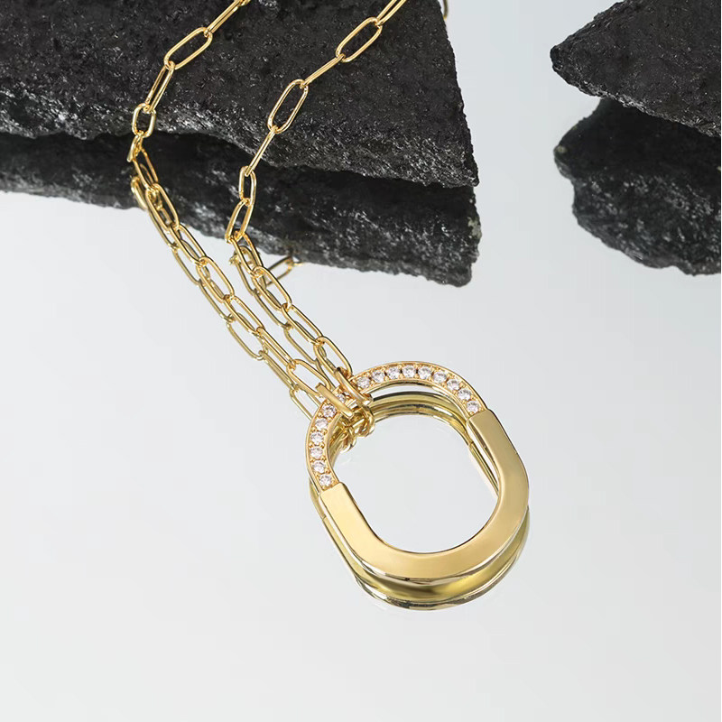 U-Shape Mini Lock Motif Half Pave Lab Created Diamond Necklace