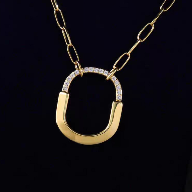 U-Shape Mini Lock Motif Half Pave Lab Created Diamond Necklace black background