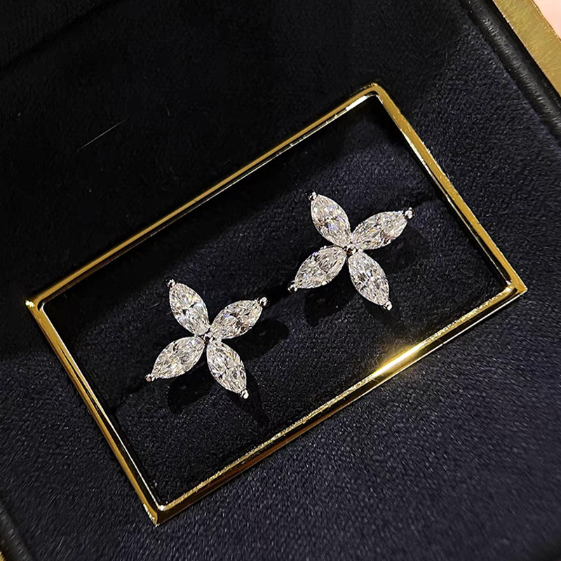 Marquise Cut 4 Petals Floral Motif Ethical Lab Diamond Stud Earring in black box