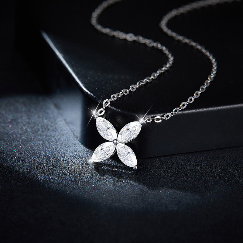 Art Deco Four Marquise Lab Grown Diamonds Petals Floral Necklace in dark black background
