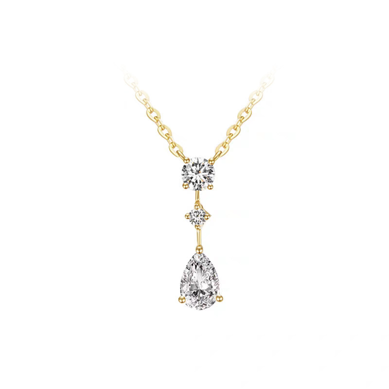 3 Floating Set Stone Drop Pendant Lab Diamond Necklace With Spring Ring in blank background