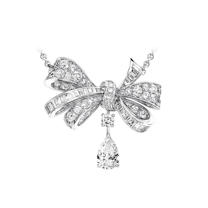 Mixed-Cut Bow Teardrop Cultivated Diamond Drop Pendant Necklace