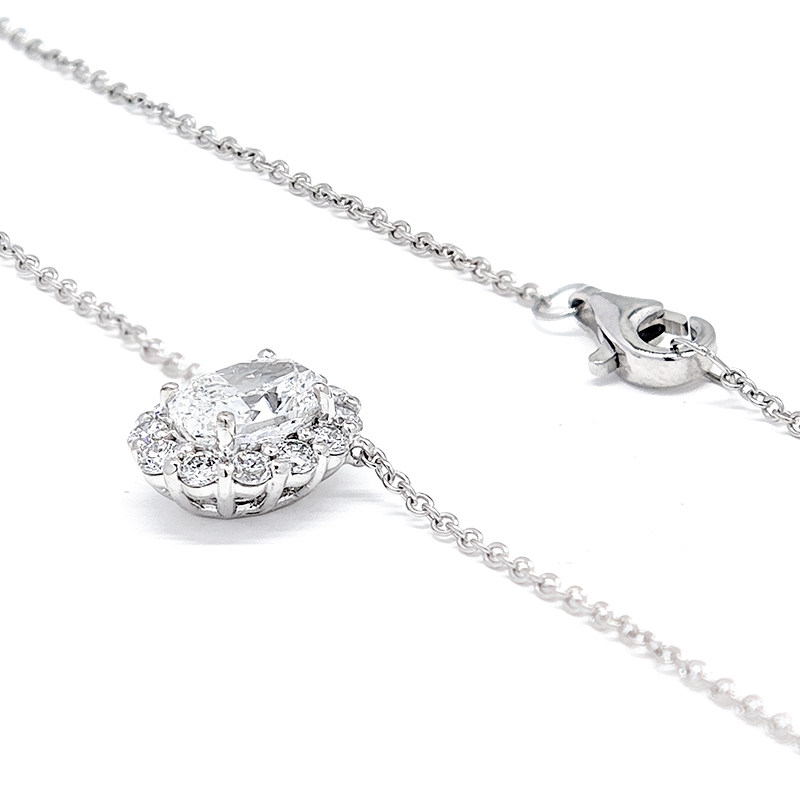 Oval Cut Solitaire Staggered Halo Open Gallery Lab Created Diamond pendant & clasp close up
