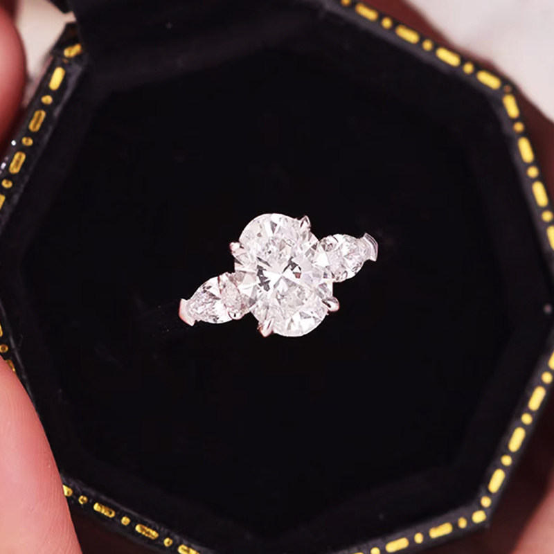 Oval Cut Main Stone with 2 Pear Cut Side Stone Lab Diamond Engagement Ring in box