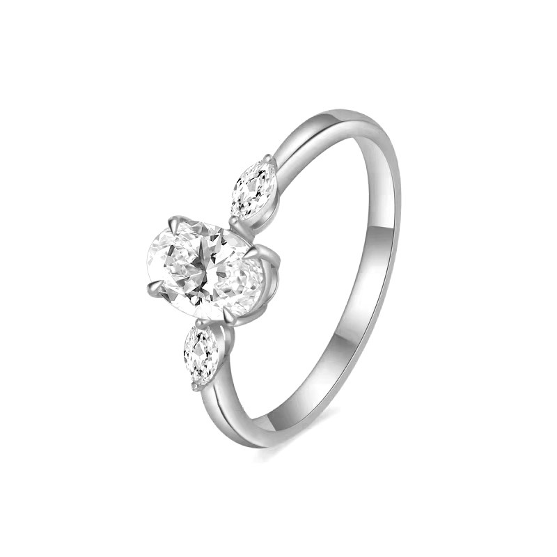 Oval Cut Main Stone & 2 Marquise Cut Side Stone Engagement Ring white background image