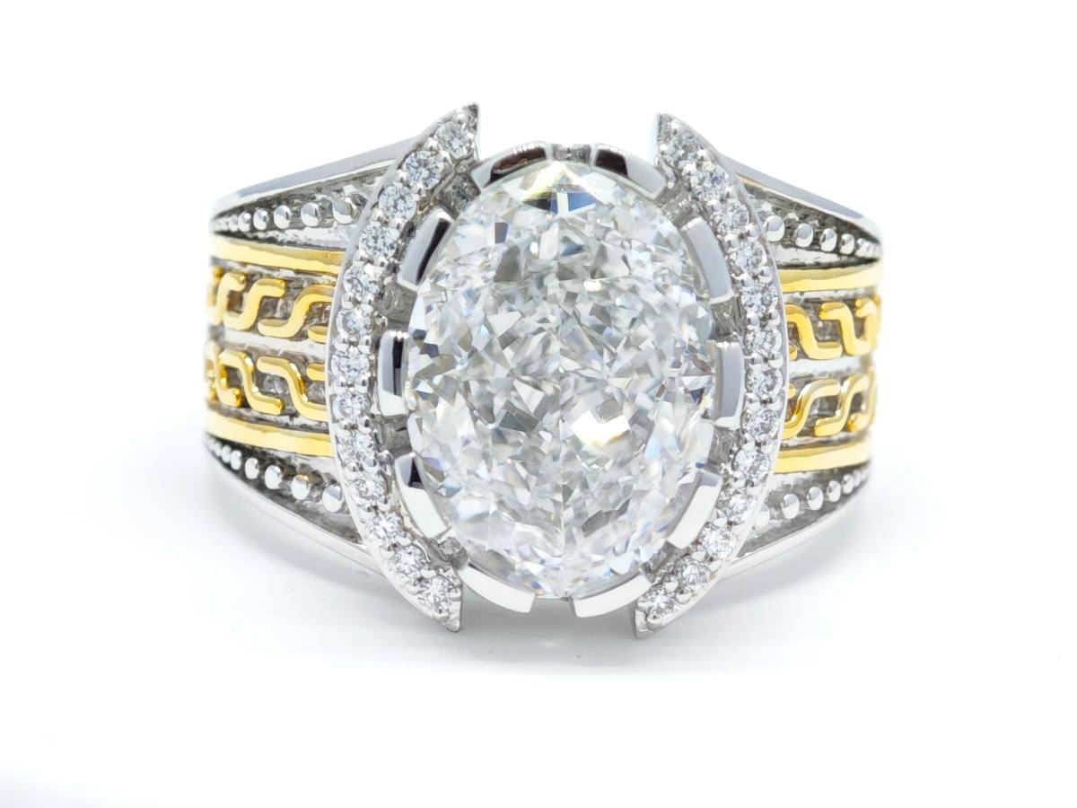 Oval Halo Two-Tone Diamond Textured Wide Band Luxury Men's Statement Ring