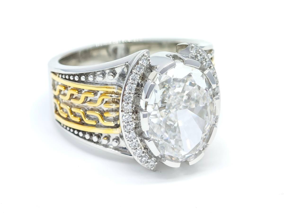 Oval Halo Two-Tone Diamond Textured Wide Band Luxury Men's Statement Ring front-side