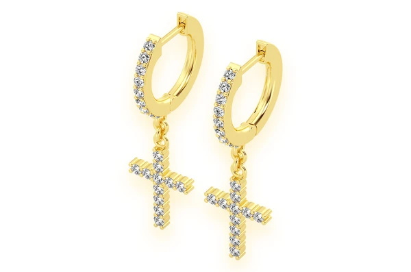 Pavé Cross Charm Lab Cultured Diamond Huggie Drop Dangle Earrings