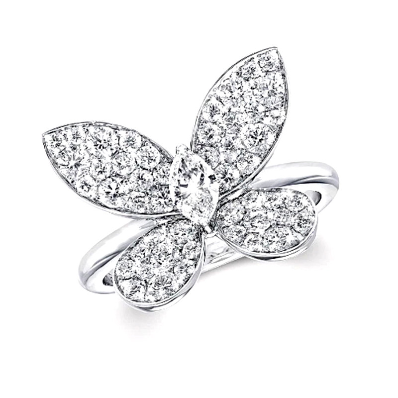 Pear Center Stone Pave Butterfly White Gold Lab Created Diamond Statement Ring