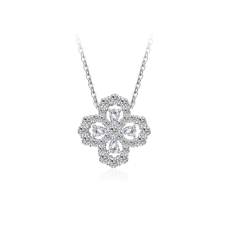 Four-leaf Clover Frame Pave Pear Cut Man Made Diamond White Gold Necklace