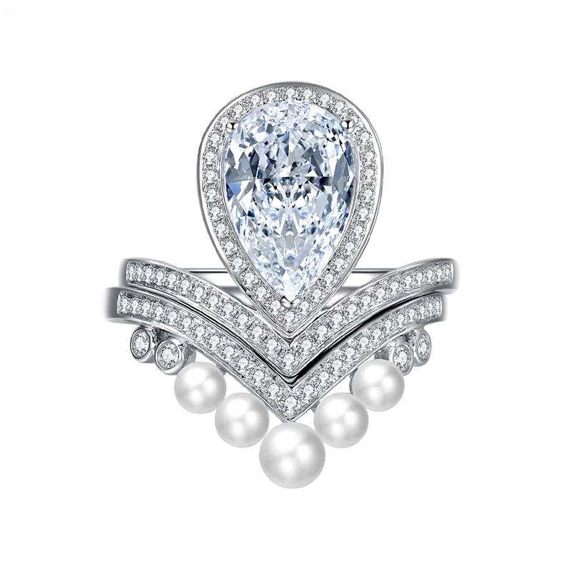 Pear Cut Halo Chevron Lab Cultured Diamond Pearl Accent Luxury Statement Ring