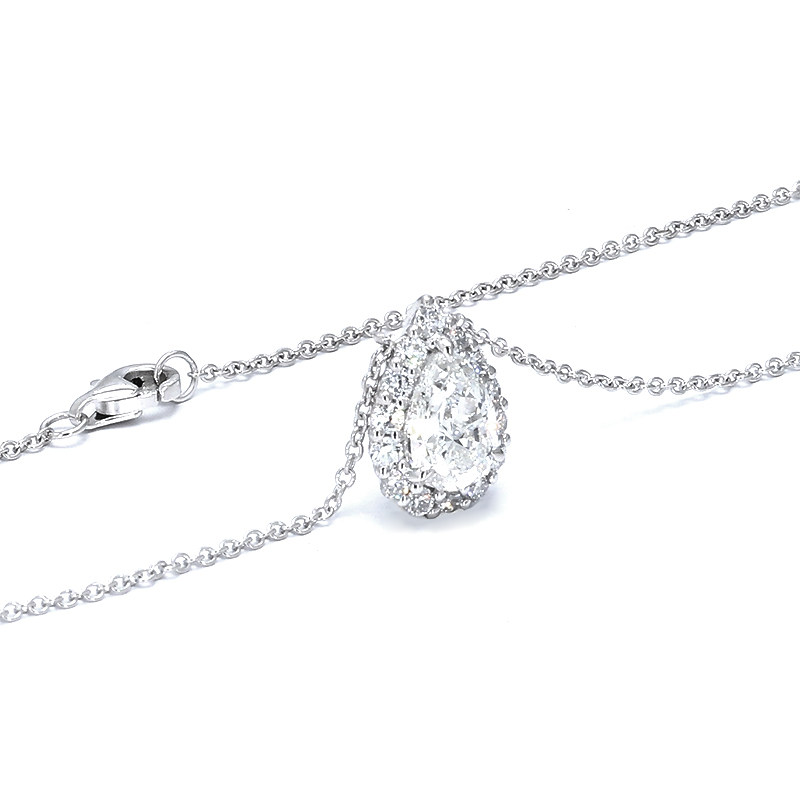 Solitaire Pear Cut Halo Lab Diamond Pendant White Gold Necklace