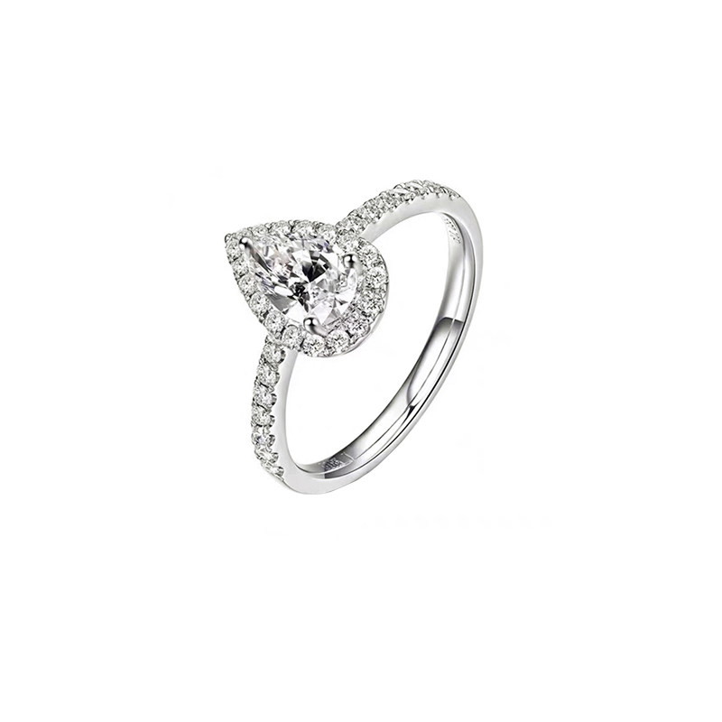 Pear Cut Halo Lab Cultured Diamond Engagement Ring With Half Pave Band
