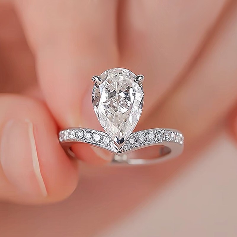 Pear Cut Pave Chevron Shank White Gold Man Made Diamond Romantic Ring