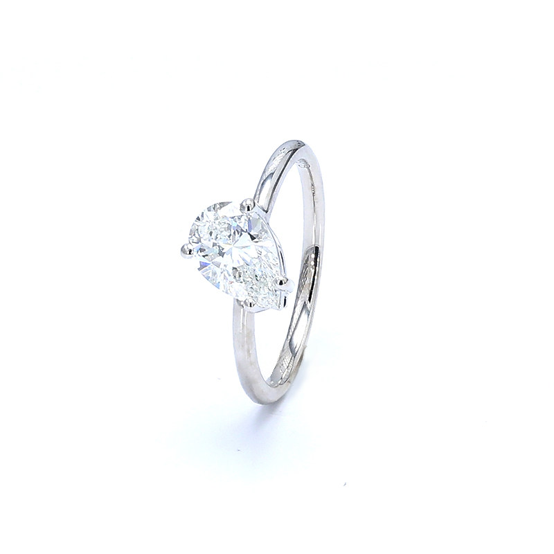 Pear Solitaire Slim Band White Gold Manufactured Diamond Minimalist Engagement Ring front view