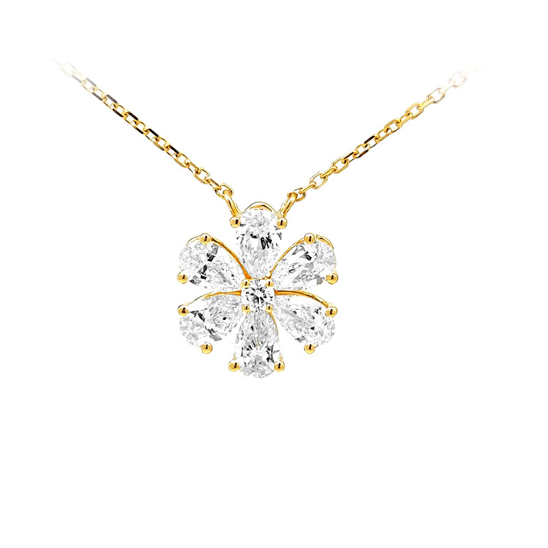 Snowflake Motif Beads Prong Pear Cut Diamond Yellow Gold Necklace close up