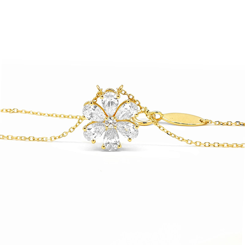 Snowflake Motif Beads Prong Pear Cut Diamond Yellow Gold Necklace front view