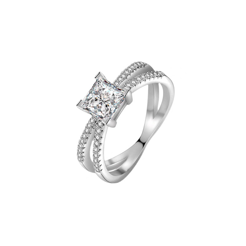 Four Prong Princess Cut Solitaire Diamond Ring With Half Pave Double Crisscross Band