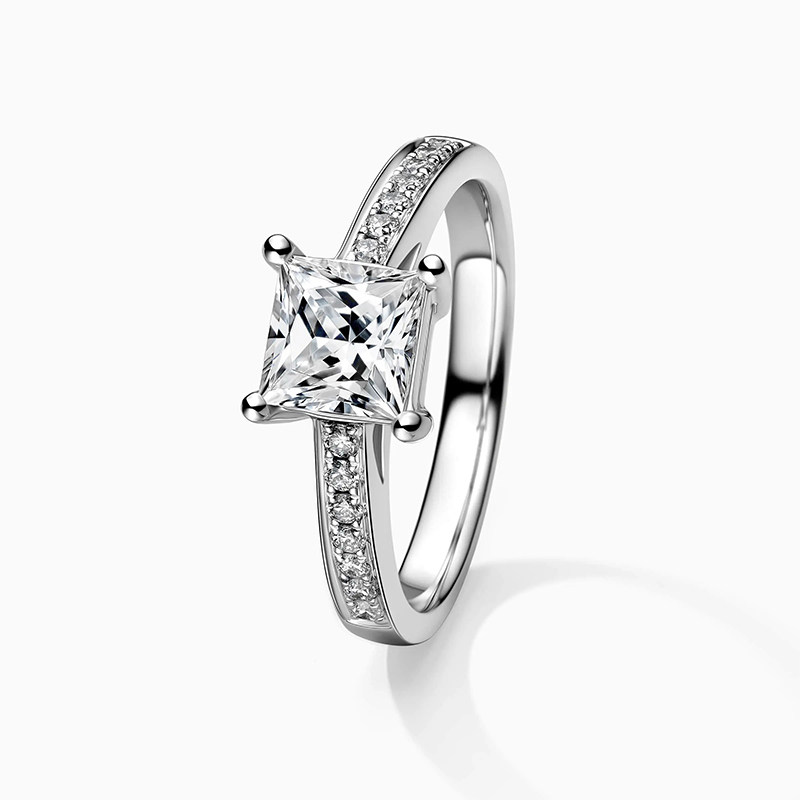 Four Prong Solitaire Princess Cut Lab Diamond Engagement Ring With Half Pave Band