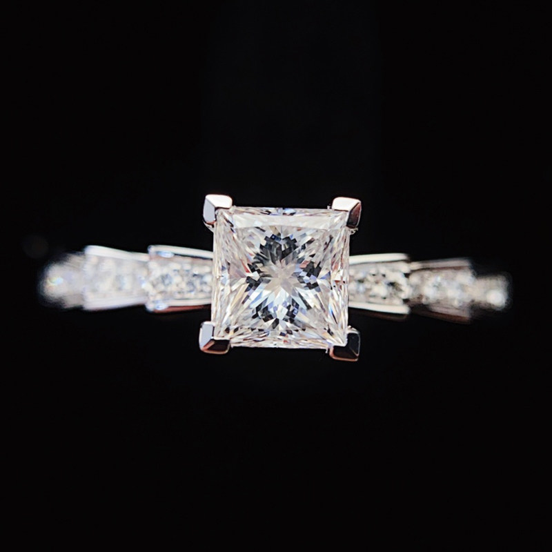 Princess Cut Four Prong Lab Diamond Ring Tiered Pave Shank White Gold