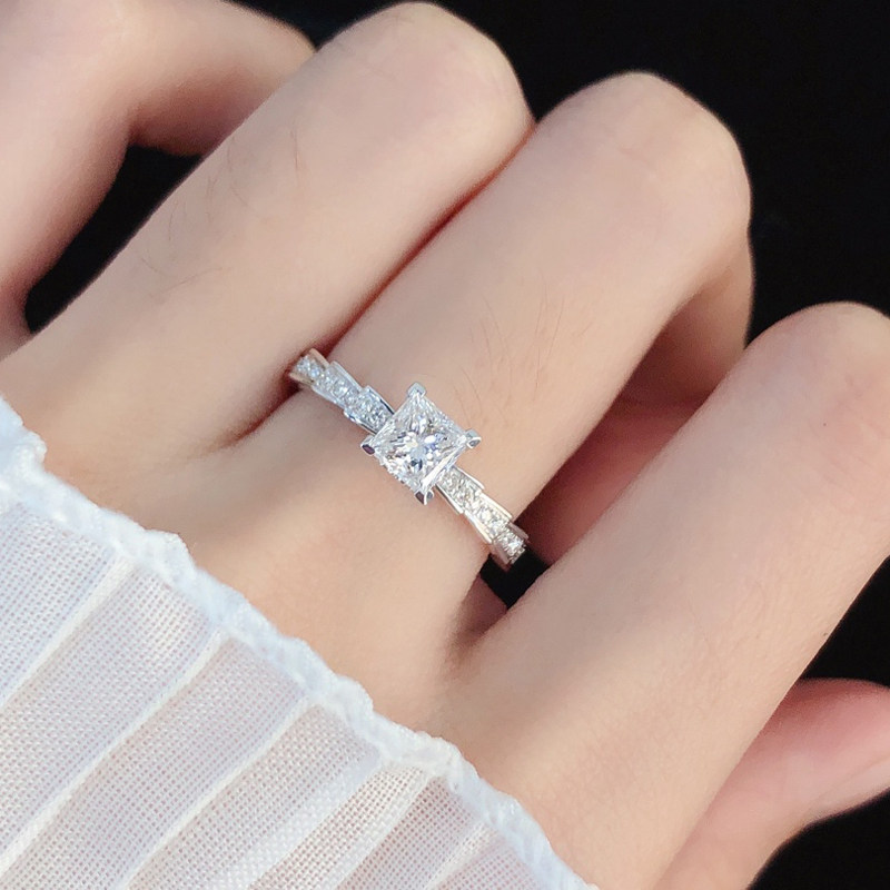 Princess Cut Four Prong Lab Diamond Ring Tiered Pave Shank White Gold Wearing Effect