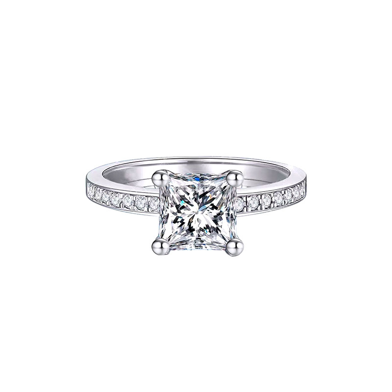 Princess Cut Soltaire Synthetic Diamond Engagement Ring With Half Channel Pave Band white background image