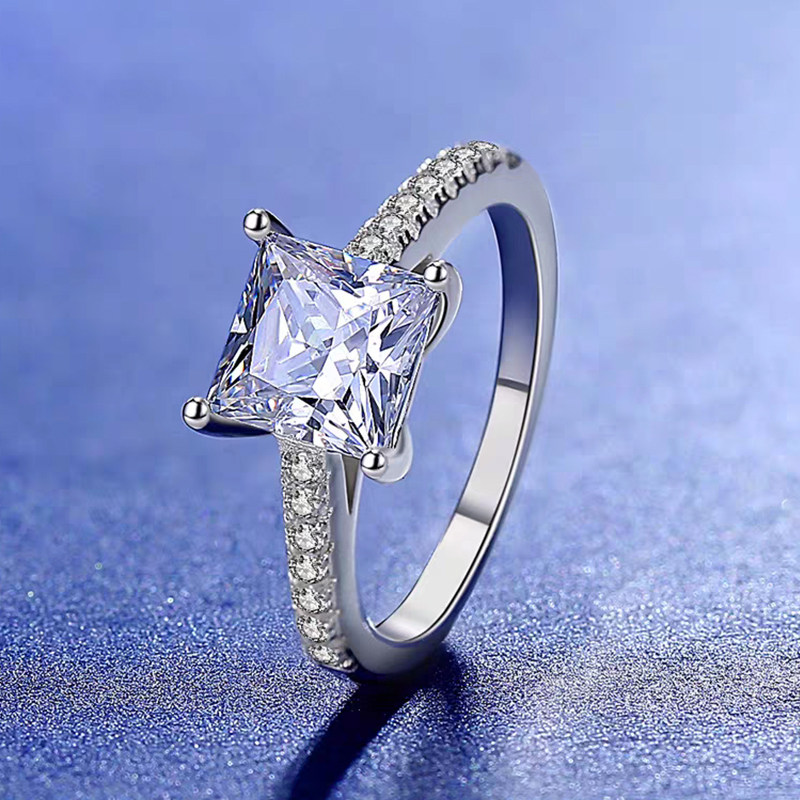 Princess Cut Soltaire Synthetic Diamond Engagement Ring With Half Channel Pave Band effect view