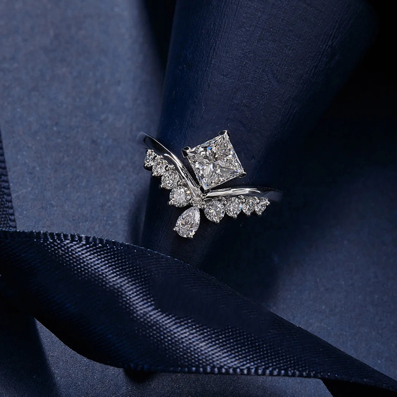 Crown Inspired Princess Cut Lab Cultured Diamond Ring With Single Shoulder Pave Accents Shank