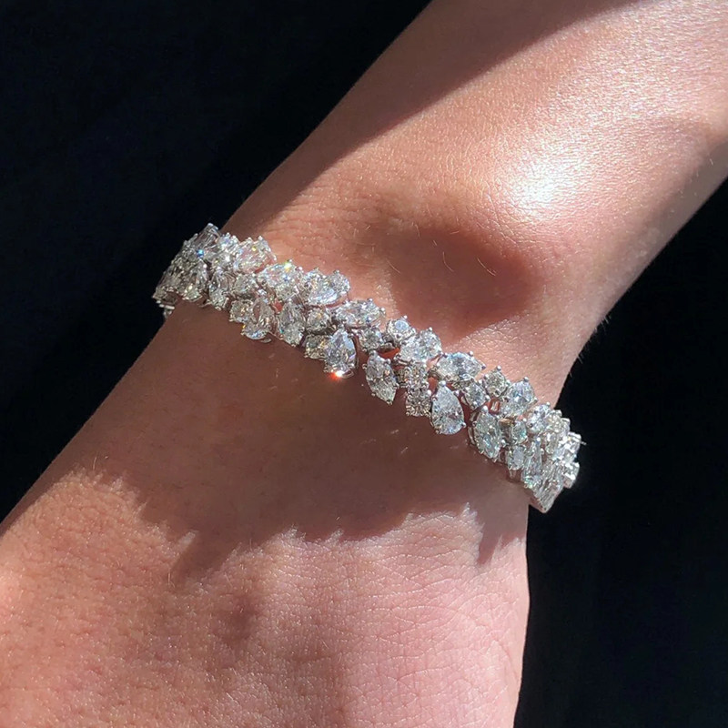 Alternating Pear & Marquise & Round Mixed Fancy Cut Full Pave Lab Diamond Linear Bracelet wearing effect