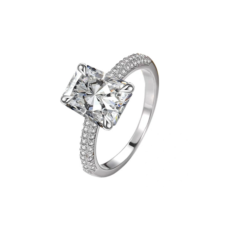 Brilliant Radiant Cut Vertical Setting Ring With Triple Row Half Pave Band