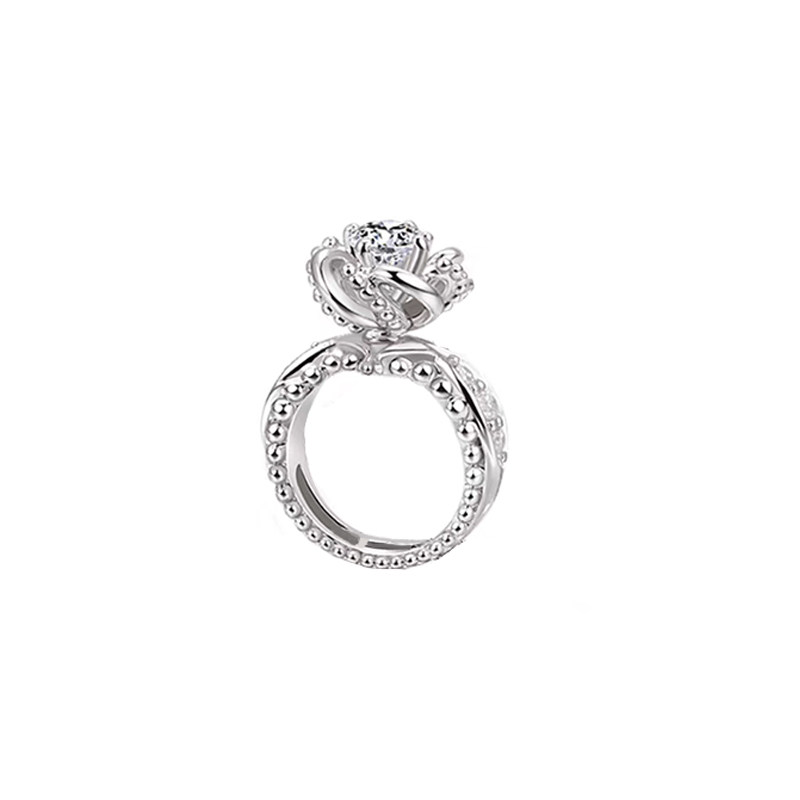 Solitaire Diamond Ring With Curved Linear Floral Gallery & Dual-Side Beaded Trim