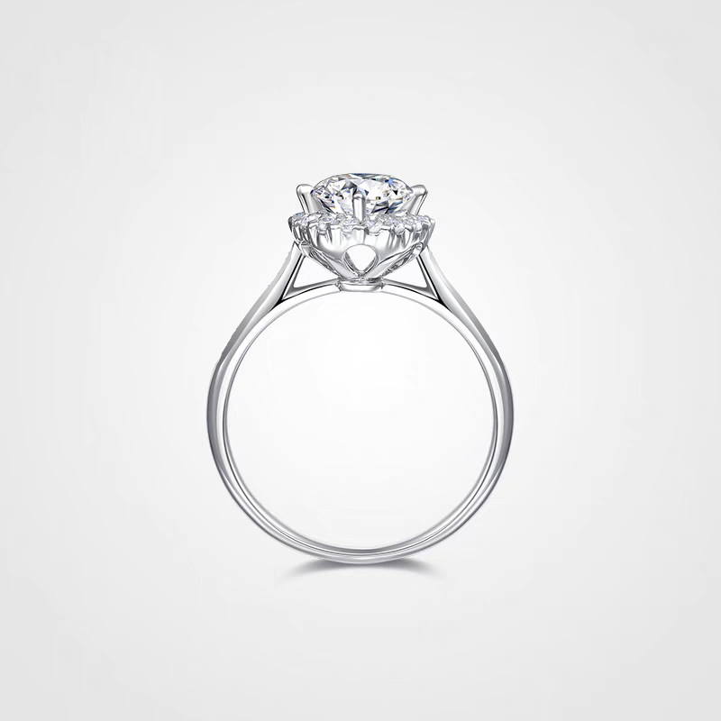 High Profile Round Cut Main Stone Man Made Diamond Ring With Bud Shaped Gallery side view