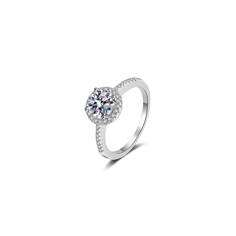 Round Cut 4 Prong Solitaire Halo Artificial Diamond Ring With Half Eternity Band